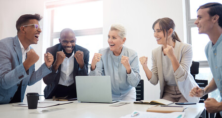 Business people, celebration and office meeting with laptop for online review or product launch, revenue and new deal. Team, achievement and cheer with happiness for company milestone and reputation.