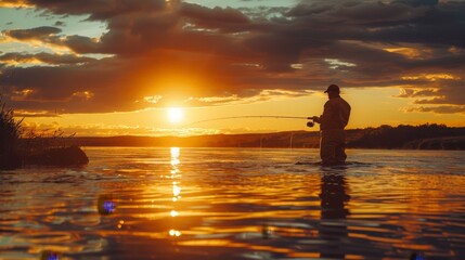 man at sunset fly fishing, fisherman