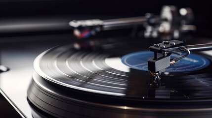 Close-up shot of a vinyl record playing on a turntable, capturing the essence of vintage music and audio equipment.