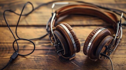 Vintage wooden headphones with a cord, resting on a rustic wooden table. Stylish and retro audio accessory for music lovers.