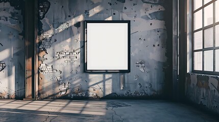 Blank frame on grunge wall in abandoned building with large windows