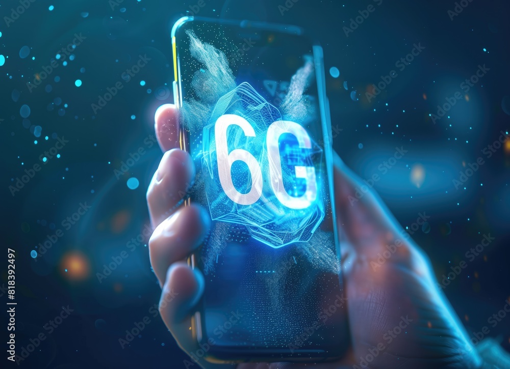 Aufkleber hands holding a smartphone displaying a holographic, ethereal visualization with the prominent 