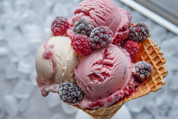 vanilla and pink ice cream in a pial with frozen berries and waffle cone