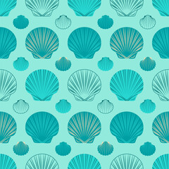 Seamless pattern with contour line seashells aquamarine background. Trendy pattern with silhouettes and contour line seashells for wrapping paper, wallpaper, fabric, textile, stickers. Vector