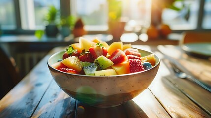 Fresh and healthy fruit salad in a bowl on the table.