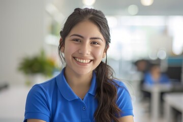 A young mexican community manager wearing a blue polo shirt in a white office, laugh