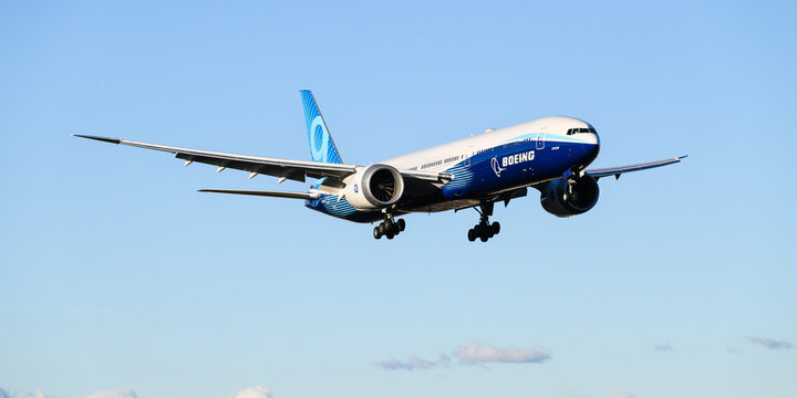 Everett, WA, USA - February 22, 2024; Boeing livery 777-9 prototype of 777X  aircraft wheels down landing as N779XX