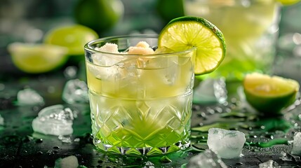 refreshing lime cocktail with ice cubes on a dark background