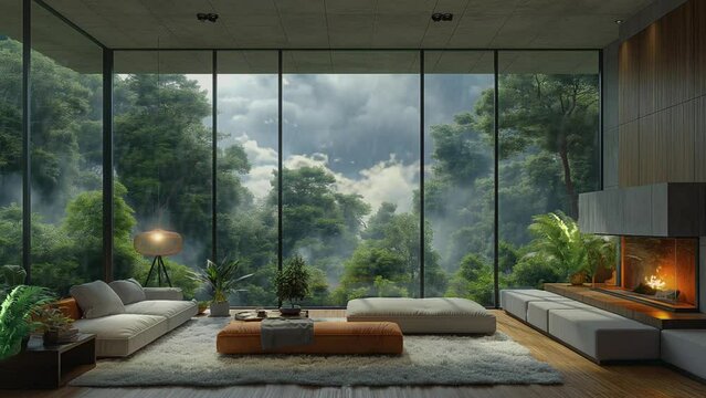 cozy modern living room with concrete paneling walls, floor sofa, large window and fireplace in nature, with forest view and cloudy sky animation video background