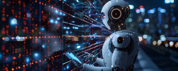 Business collage with business robota Ai working together on digital tablets, financial charts and icons in the style of modern geometric shape pattern background banner