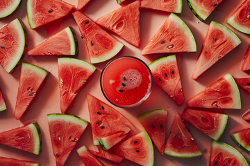 Watermelon juice surrounded by watermelon slices.