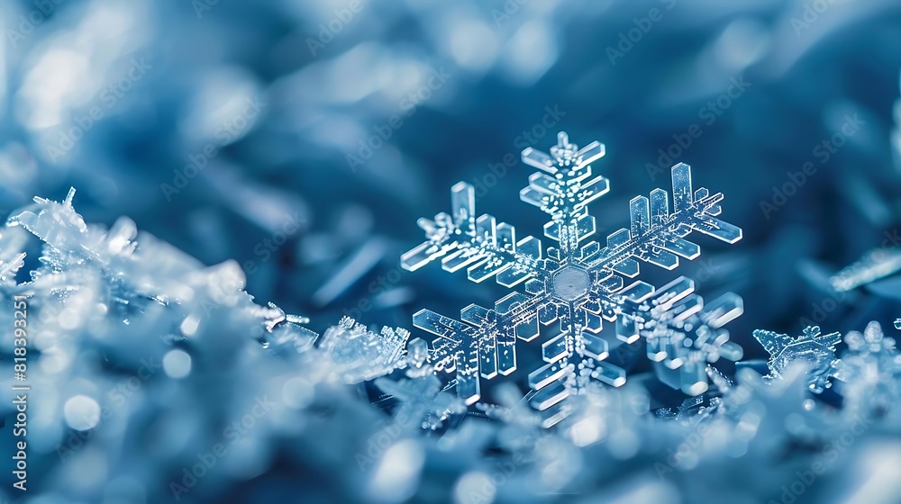 Wall mural the photo shows a close-up of a beautiful snowflake. the snowflake is in focus and has a delicate an
