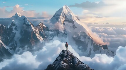 The mountain is high and the clouds are low. A person stands on the top of the mountain and looks at the view.
