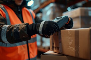 Fototapeta premium Close up of a worker in an orange vest with black gloves using a hand held scanner to scan the bar code on a cardboard box