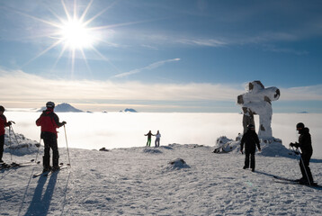 Above the clouds on the alpine peak of Whistler Mountain ski resort looking into Garibaldi Park in...