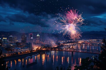 Vibrant fireworks display over Portland city skyline at night