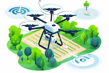 Aerial applications of smart drones enhance precision agriculture in fields, efficiently visualized through isometric illustrations of vehicle technology