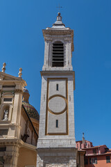 Architectural details of Catholic Cathedral of Sainte Reparate (Basilique-Cathedrale Sainte-Marie et Sainte-Reparate de Nice) dates back to the 17th century. Nice, France.