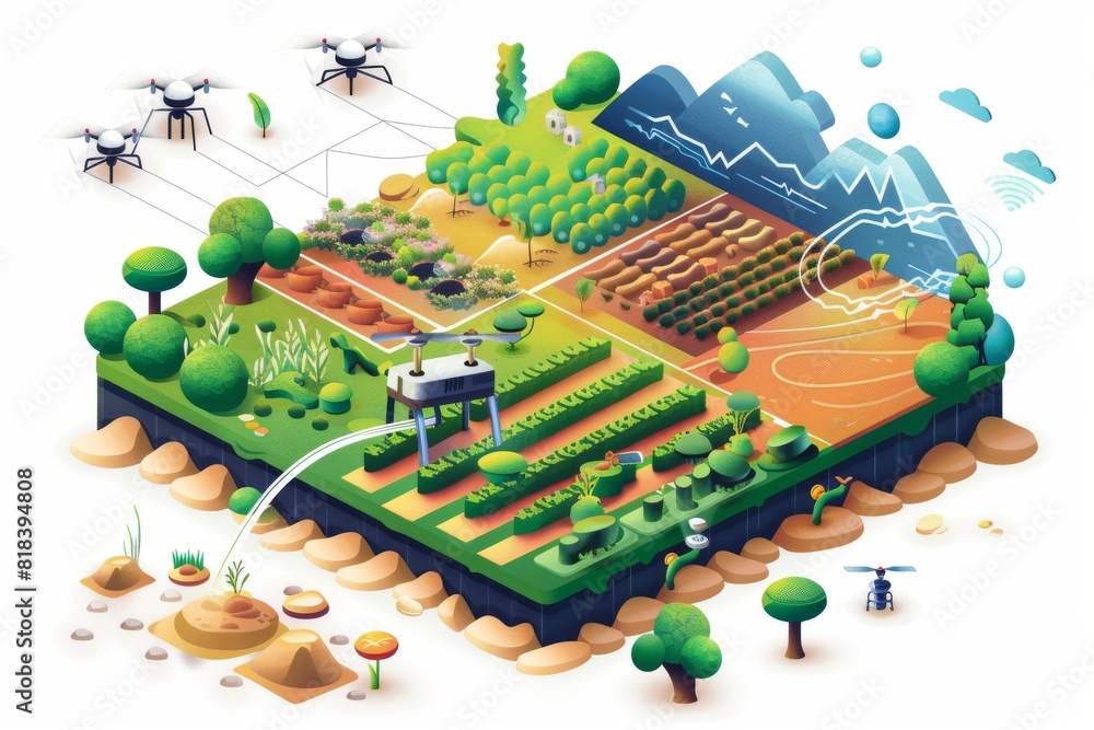 Poster aerial precision in agriculture through smart drones is showcased efficiently in fields, visualized 