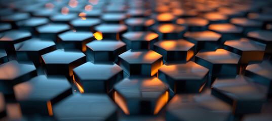 Fototapeta premium 3D render, abstract dark background with black and copper hexagon tile wall texture.