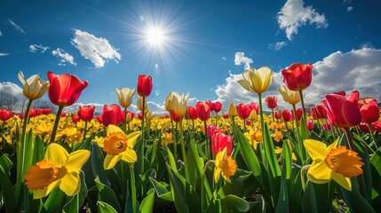 Sunny Spring Field Blooming with Tulips and Daffodils