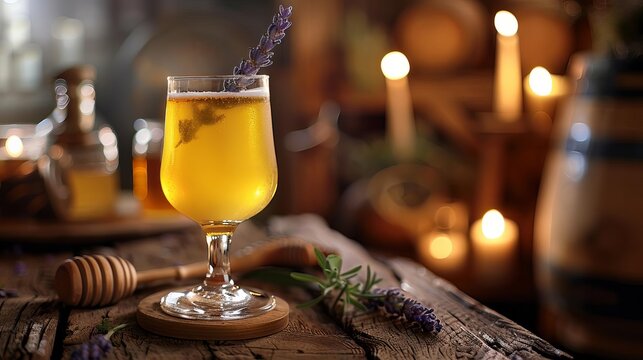 A glass of golden honey mead with a sprig of lavender