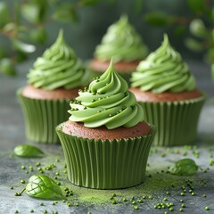 matcha cupcake with green frosting and sprinkles.