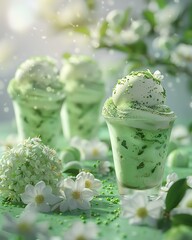 close-up image of a green tea ice cream sundae with white chocolate shavings and a sprig of mint