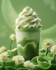 matcha latte with whipped cream in a glass with a green background.