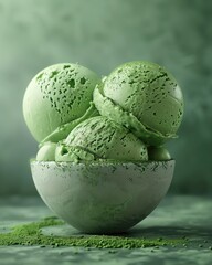 A close-up image of a bowl of matcha green tea ice cream