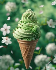 A matcha green tea soft serve ice cream cone with a white chocolate drizzle and topped with green and white sprinkles
