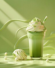 Photo of a matcha green tea milkshake with whipped cream and a straw