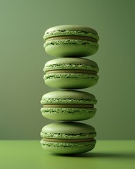 A stack of four matcha green tea macarons on a green background