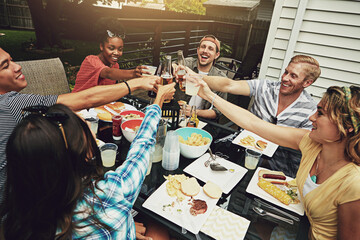 People, toast and lunch in summer, backyard or happy for food, diversity or celebration on patio....