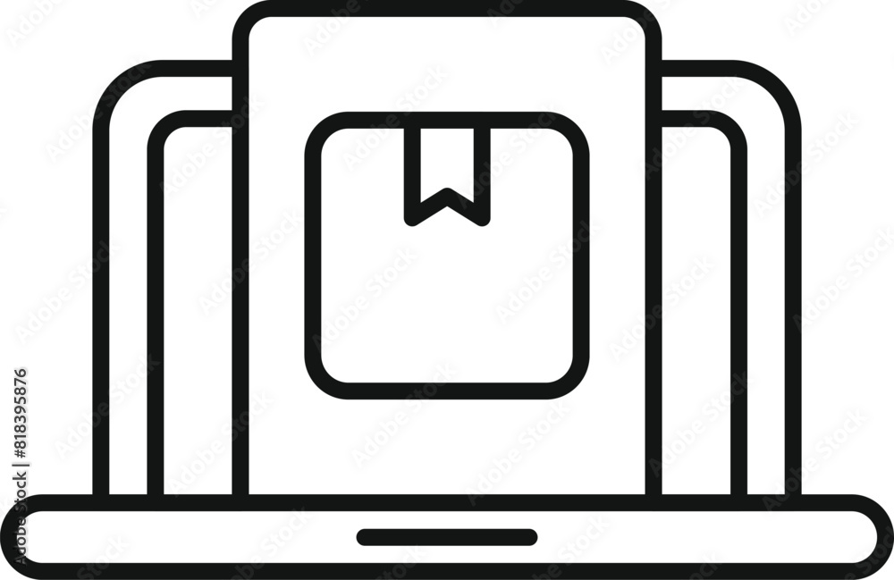 Poster outlined vector icon featuring a minimalistic laptop with an interface bookmark symbol