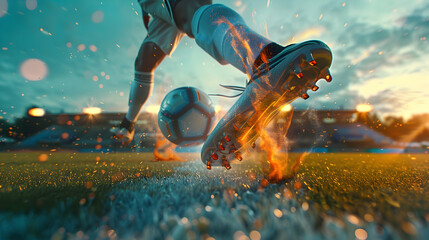Generative AI, football boot kicking a soccer ball, goal moment on the stadium PHOTOGRAPHY


