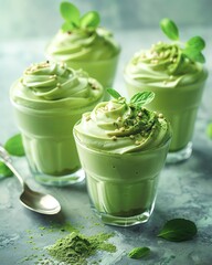 A decadent dessert of matcha mousse topped with a sprinkle of matcha powder and a sprig of mint