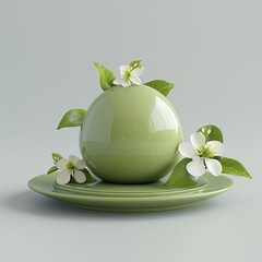 A beautiful green ceramic ball sits on a green ceramic plate, surrounded by delicate white and pink flowers