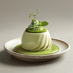 Render a photorealistic image of a matcha green tea dessert with white chocolate