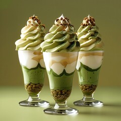 Exquisite matcha parfaits, made with layers of green tea ice cream, whipped cream, and crushed nuts, topped with a delicate dusting of matcha powder.