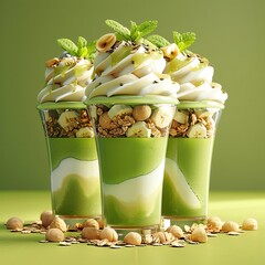 Three parfait glasses filled with a green matcha mousse, vanilla cream, and topped with granola, nuts, and mint