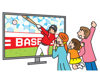 テレビに映る野球の試合を家族で応援するイラスト