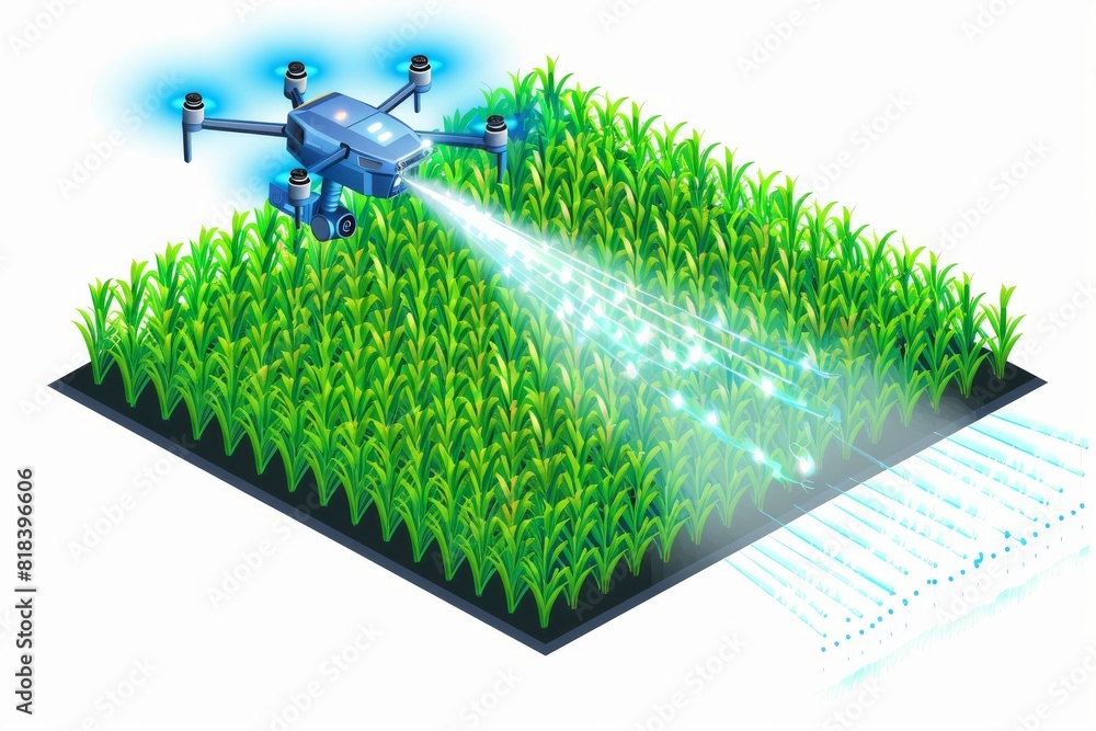 Poster isometric drone technology in farming focuses on efficient pesticide spraying and watering methods, 