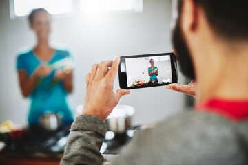 Cooking, video and people with phone in kitchen for photography of woman with healthy food. Film,...