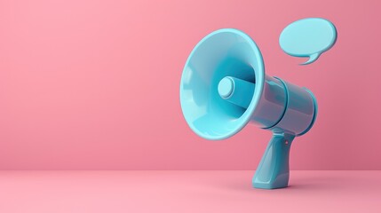Blue Megaphone and Abstract Speech Bubble on Pink Background, Symbolizing Communication and Announcement