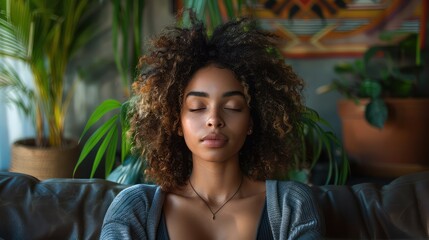 Serene Woman Meditating on Couch Amid Houseplants