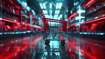 Generative AI, red shopping cart in the supermarket, free delivery, discounts and sale concept. PHOTOGRAPHY


