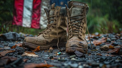 Memorial Day Tribute: Old Army Combat Boots Against American Flag, Honoring Fallen Soldiers Worldwide