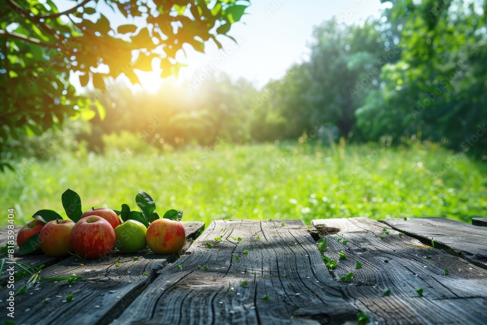 Poster a wooden table with a bunch of apples on it. the apples are red and green. the table is in a field w