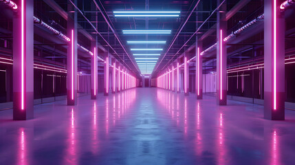 Generative AI, Warehouse interior with LED lighting, industry building, distribution retail center, part of storage and shipping system.. PHOTOGRAPHY
